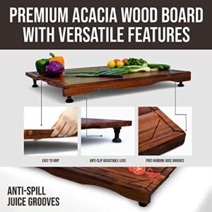 Cucina Green 30 Inches Noodle Board Stove Cover & Cutting Board - Large Acacia Wood Chopping Board with Juice Groove Adjustable Non Slip Rubberized Legs - Multi-Purpose Carving Board & Serving Tray