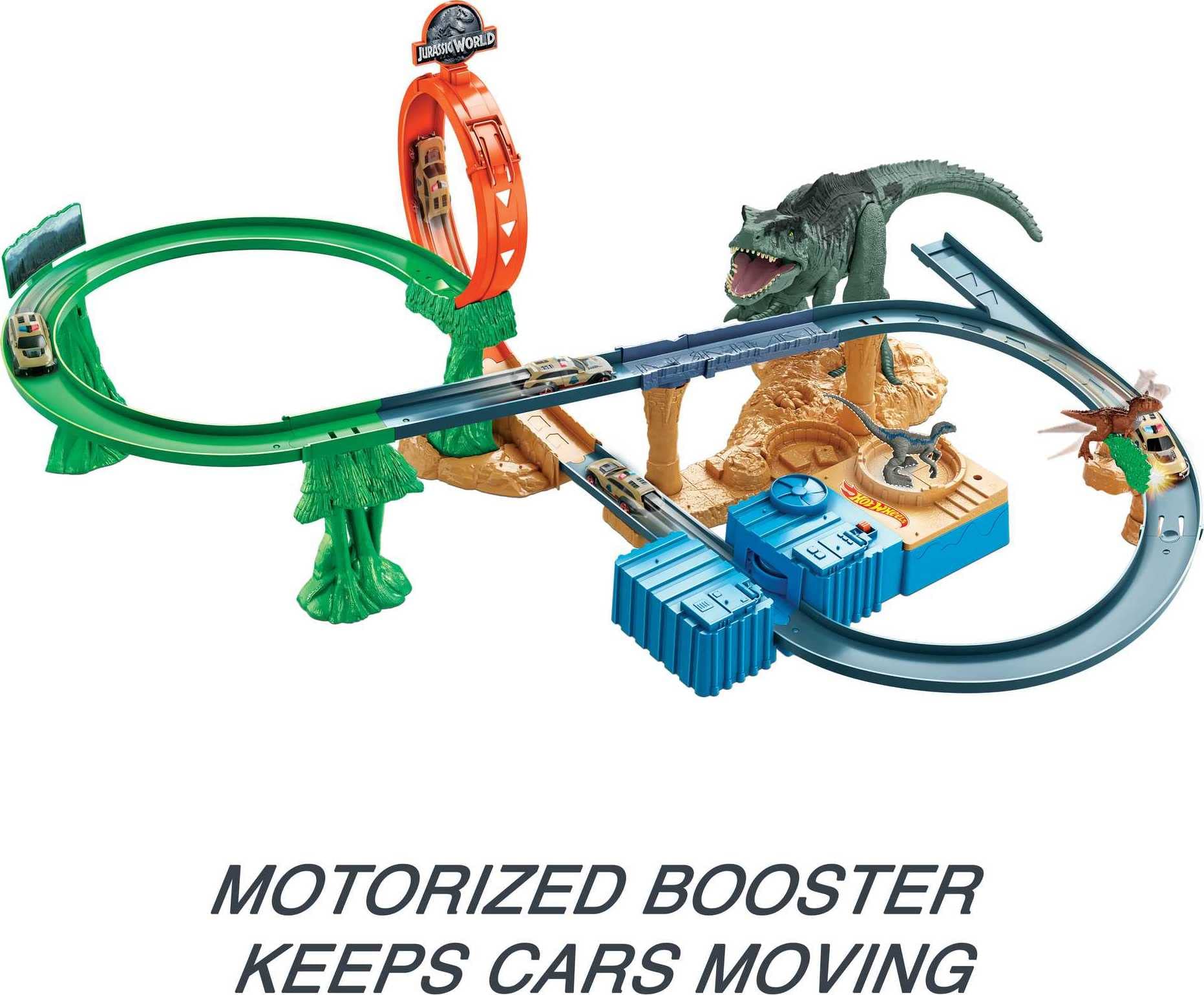 Hot Wheels Jurassic World Dominion Toy Cars Track Set, Clash 'N Crash Playset with Motorized Booster & 1:64 Scale Car