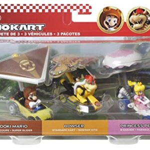 Hot Wheels Mario Kart Vehicle 3-Pack Set of Toy Cars with Gliders Inspired by Tanooki Mario, Princess Peach and Bowser