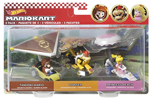 Hot Wheels Mario Kart Vehicle 3-Pack Set of Toy Cars with Gliders Inspired by Tanooki Mario, Princess Peach and Bowser