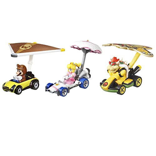 Hot Wheels Mario Kart Vehicle 3-Pack Set of Toy Cars with Gliders Inspired by Tanooki Mario, Princess Peach and Bowser