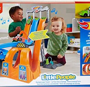 Fisher-Price Little People Toddler Playset Hot Wheels Racing Loops Tower Race Track with Stunt Ramp & Sounds for Ages 18+ Months