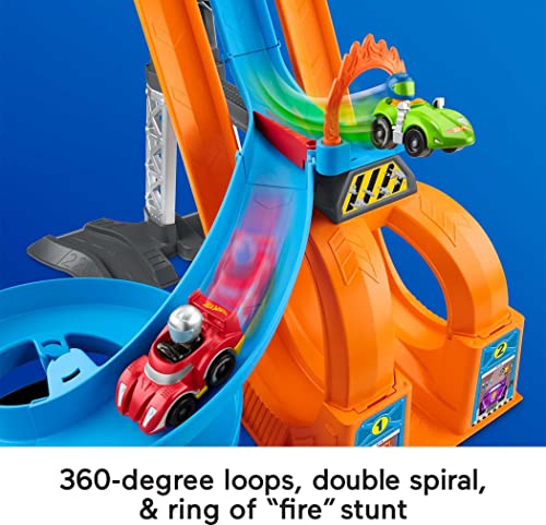 Fisher-Price Little People Toddler Playset Hot Wheels Racing Loops Tower Race Track with Stunt Ramp & Sounds for Ages 18+ Months
