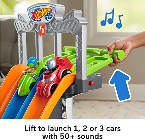 Fisher-Price Little People Toddler Playset Hot Wheels Racing Loops Tower Race Track with Stunt Ramp & Sounds for Ages 18+ Months