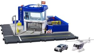 matchbox action drivers police station dispatch playset with 1 helicopter & 1 ford police car, with lights & sounds