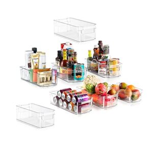 nutrichef set of 8 refrigerator bins-4 wide and 4 narrow stackable fridge organizers for freezer, kitchen, countertops, cabinets-designed with practical carry handles and interior, 8 containers, clear