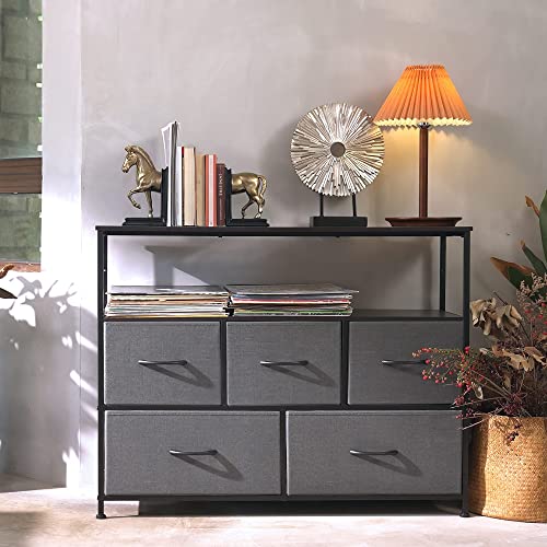 WLIVE 2-Drawer Nightstand and 5-Drawer Dresser Set, Fabric Storage Tower for Bedroom, Hallway, Nursery, Closets, Tall Chest Organizer Unit with Textured Print Fabric Bins, Steel Frame