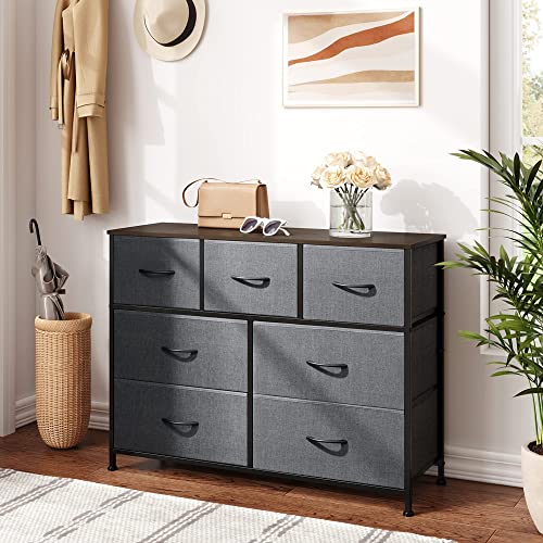 WLIVE 2-Drawer Nightstand and 7-Drawer Dresser Set, Fabric Storage Tower for Bedroom, Hallway, Nursery, Closets, Tall Chest Organizer Unit with Textured Print Fabric Bins, Steel Frame