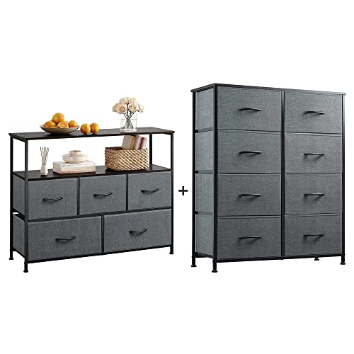 WLIVE 5-Drawer Dresser and 8-Drawer Dresser Set, Fabric Storage Tower for Bedroom, Hallway, Nursery, Closets, Tall Chest Organizer Unit with Textured Print Fabric Bins, Steel Frame, Wood Top, Easy Pul