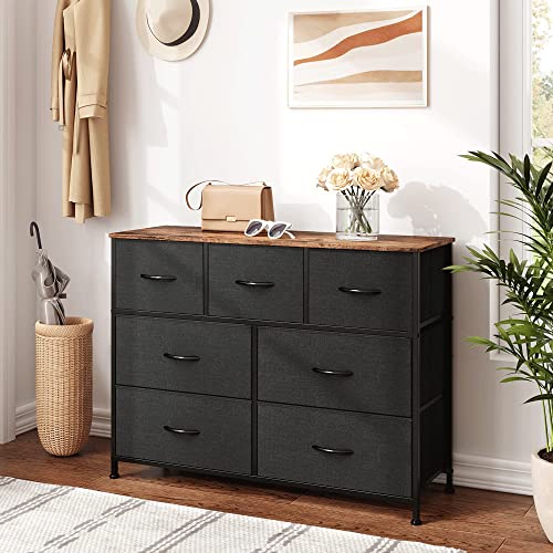 WLIVE 1-Drawer Nightstand and 7-Drawer Dresser Set, Fabric Storage Tower for Bedroom, Hallway, Nursery, Closets, Tall Chest Organizer Unit with Textured Print Fabric Bins, Steel Frame