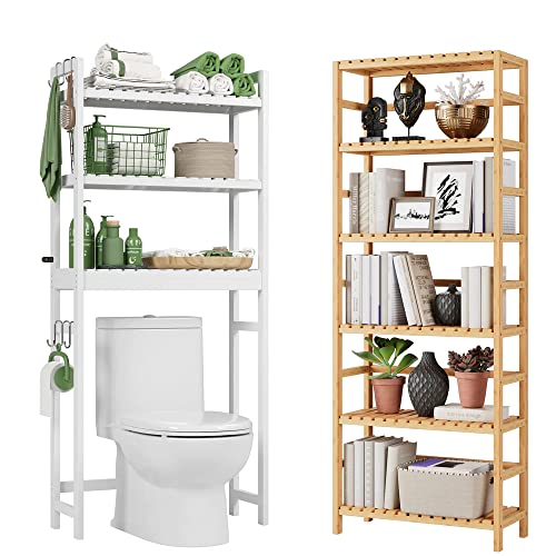 Bamjoy Over The Toilet Storage Shelf - Bamboo 6 Tier Tall Storage Shelf Home Office Bookshelf Bookcase Bathroom Shelf Bathroom Organizer Space Saver Bundle