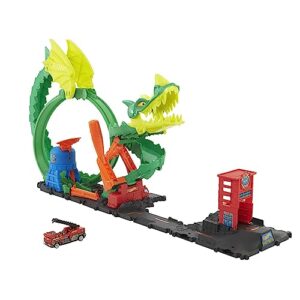 hot wheels toy car track set city dragon drive firefight & 1:64 scale toy firetruck, connects to other sets