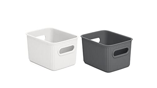 Superio Small Ribbed Plastic Storage Basket Organizer, 1.5 Mini White and Grey Classic Closet Storage bin for Shelf, Pantry, Office, and Cosmetics