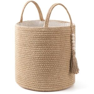 mkono woven storage basket decorative rope basket wooden bead decoration for blankets,toys,clothes,shoes,plant organizer bin with handles living room home decor, jute, 11" w x 11"l