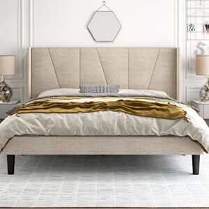 hoomic king size platform bed frame with geometric wingback headboard, wooden slats support, no box spring needed, modern style in beige