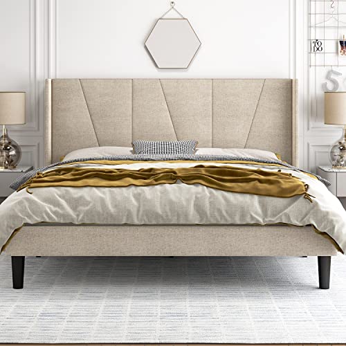 HOOMIC King Size Platform Bed Frame with Geometric Wingback Headboard, Wooden Slats Support, No Box Spring Needed, Modern Style in Beige