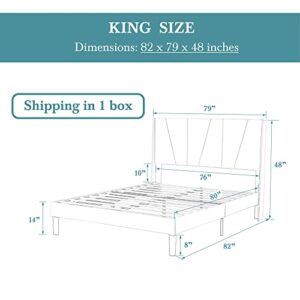 HOOMIC King Size Platform Bed Frame with Geometric Wingback Headboard, Wooden Slats Support, No Box Spring Needed, Modern Style in Beige