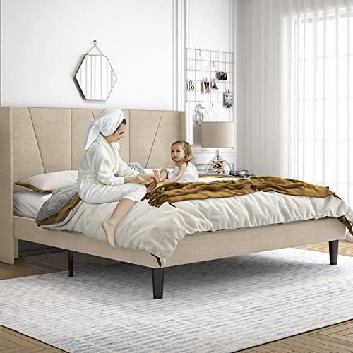 HOOMIC King Size Platform Bed Frame with Geometric Wingback Headboard, Wooden Slats Support, No Box Spring Needed, Modern Style in Beige