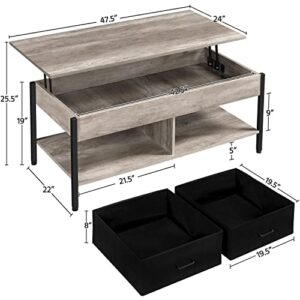 Yaheetech 47.5 Inch Lift Top Coffee Table with Hidden Compartment and 2 Fabric Storage Baskets, Rustic Wood Center Table with Tabletop Raisable Top for Living Room, Gray