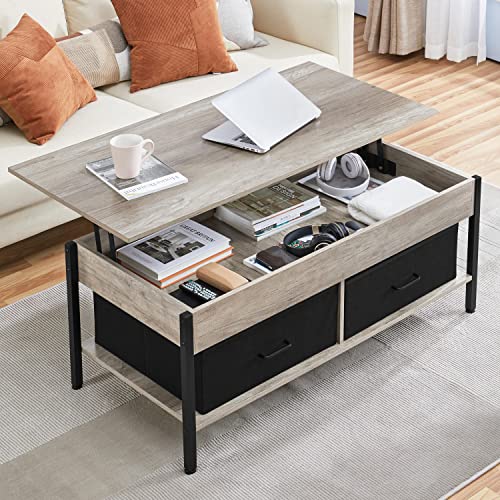 Yaheetech 47.5 Inch Lift Top Coffee Table with Hidden Compartment and 2 Fabric Storage Baskets, Rustic Wood Center Table with Tabletop Raisable Top for Living Room, Gray