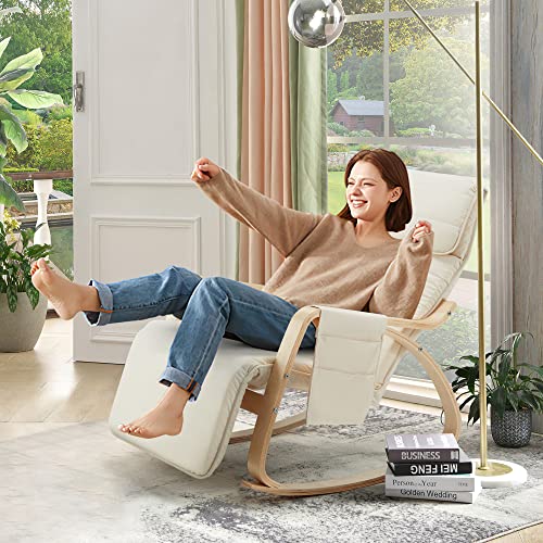 UPHYB Rocking Chair, Rocking Armchair with Fabric Padded Seat,Wooden Based, Adjustable Footrest for Living Room, Bedroom, Balcony, Nursery Room (Beige)