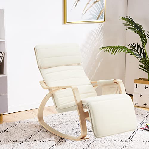 UPHYB Rocking Chair, Rocking Armchair with Fabric Padded Seat,Wooden Based, Adjustable Footrest for Living Room, Bedroom, Balcony, Nursery Room (Beige)