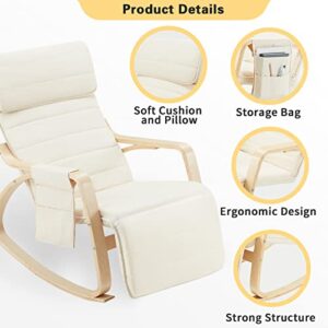 UPHYB Rocking Chair, Rocking Armchair with Fabric Padded Seat,Wooden Based, Adjustable Footrest for Living Room, Bedroom, Balcony, Nursery Room (Beige)