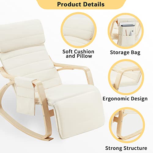 UPHYB Rocking Chair, Rocking Armchair with Fabric Padded Seat,Wooden Based, Adjustable Footrest for Living Room, Bedroom, Balcony, Nursery Room (Beige)