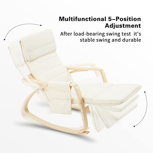 UPHYB Rocking Chair, Rocking Armchair with Fabric Padded Seat,Wooden Based, Adjustable Footrest for Living Room, Bedroom, Balcony, Nursery Room (Beige)