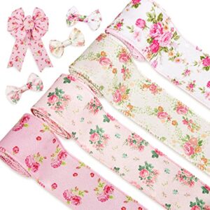 whaline floral wired edge ribbon 4 rolls rose flower pattern ribbon spring summer fabric decorative craft ribbon roll for gift wrapping decor hair bow sewing wreath crafts, 20 yard x 2.5 inch