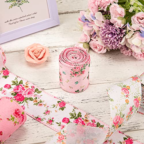 Whaline Floral Wired Edge Ribbon 4 Rolls Rose Flower Pattern Ribbon Spring Summer Fabric Decorative Craft Ribbon Roll for Gift Wrapping Decor Hair Bow Sewing Wreath Crafts, 20 Yard x 2.5 Inch