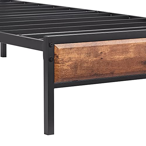 VECELO Bed Frame Queen Size with Wooden Headboard & Footboard, Metal Platform Mattress Foundation with Strong Slats Support& Storage Space, No Box Spring Needed/Easily Assemble,Brown