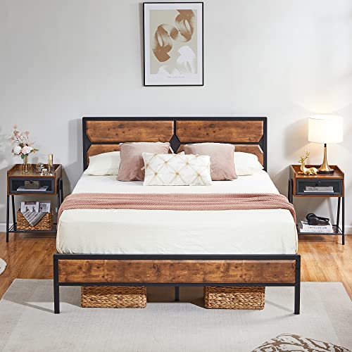 VECELO Bed Frame Queen Size with Wooden Headboard & Footboard, Metal Platform Mattress Foundation with Strong Slats Support& Storage Space, No Box Spring Needed/Easily Assemble,Brown