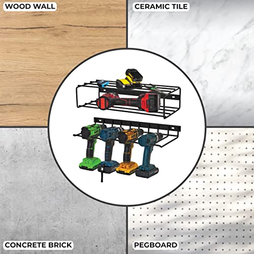 LADECH Set of 2 Holder Rack with Storage Shelf - Power Tool Organizer , Holds 4 Drills & Batteries - Heavy Duty Hanging Wall Mount for Garage , Home , Workshop