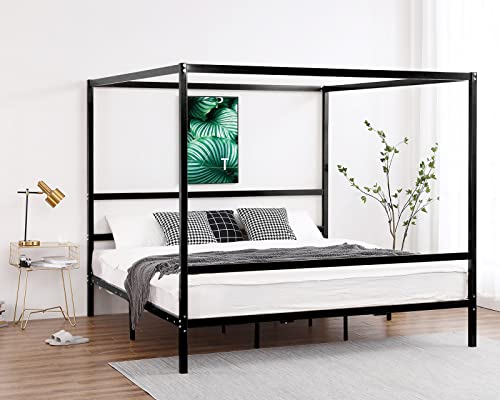 Bonnlo Black Canopy Bed Frame King with Headboard, Four Poster Bed Frame King, Metal