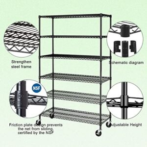 Storage shelves, 6-Tier Wire Shelving Unit NSF Certified Storage Rack 18"D x 48"W x 78"H 6000Lbs Capacity Adjustable Layer Heavy Duty Metal Rack Steel with Casters for Kitchen Garage Pantry Black