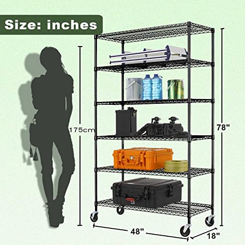 Storage shelves, 6-Tier Wire Shelving Unit NSF Certified Storage Rack 18"D x 48"W x 78"H 6000Lbs Capacity Adjustable Layer Heavy Duty Metal Rack Steel with Casters for Kitchen Garage Pantry Black