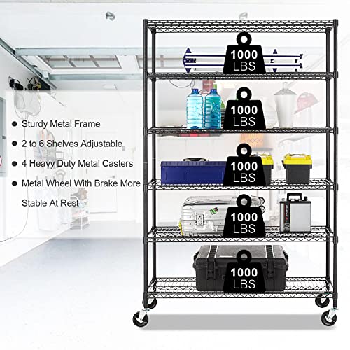 Storage shelves, 6-Tier Wire Shelving Unit NSF Certified Storage Rack 18"D x 48"W x 78"H 6000Lbs Capacity Adjustable Layer Heavy Duty Metal Rack Steel with Casters for Kitchen Garage Pantry Black