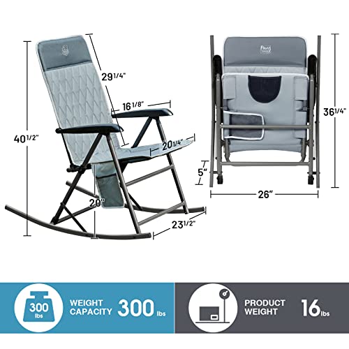TIMBER RIDGE Padded High Back Folding Rocker Side Pocket Portable Rocking Lawn Chair Foldable for Camping Patio Garden, Supports 300 LBS, Grey