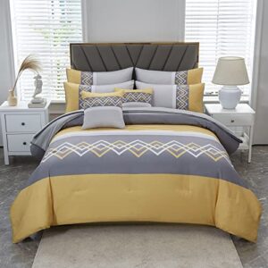 enuullao patchwork stripe comforter set king size, 6 pieces bed in a bag,grey and yellow patchwork striped comforter and sheet set,all season bedding set(grey/yellow,king)