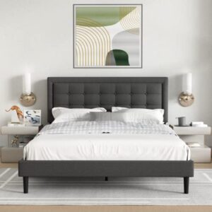unizone queen upholstered bed frame with headboard, tufted platform bed with button headboard, wood slats support, mattress foundation, no box spring needed, easy assembly, modern, linen, dark gray