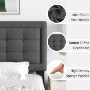 UNIZONE Queen Upholstered Bed Frame with Headboard, Tufted Platform Bed with Button Headboard, Wood Slats Support, Mattress Foundation, No Box Spring Needed, Easy Assembly, Modern, Linen, Dark Gray