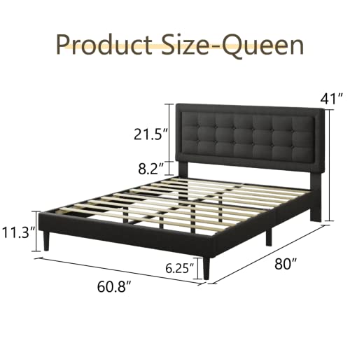 UNIZONE Queen Upholstered Bed Frame with Headboard, Tufted Platform Bed with Button Headboard, Wood Slats Support, Mattress Foundation, No Box Spring Needed, Easy Assembly, Modern, Linen, Dark Gray
