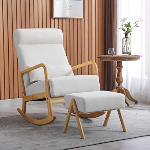 HOMREST Glider Chair with Ottoman,High Backrest for Nursery, Upholstered Fabric Indoor Rocking Armchair with Lumbar Pillow for Living Baby Room(White)