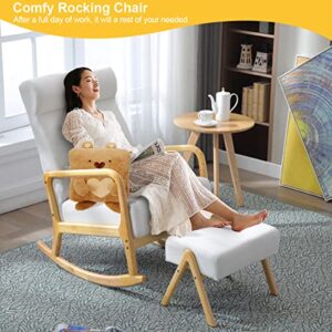 HOMREST Glider Chair with Ottoman,High Backrest for Nursery, Upholstered Fabric Indoor Rocking Armchair with Lumbar Pillow for Living Baby Room(White)