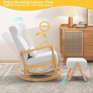 HOMREST Glider Chair with Ottoman,High Backrest for Nursery, Upholstered Fabric Indoor Rocking Armchair with Lumbar Pillow for Living Baby Room(White)