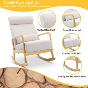 HOMREST Glider Chair with Ottoman,High Backrest for Nursery, Upholstered Fabric Indoor Rocking Armchair with Lumbar Pillow for Living Baby Room(White)