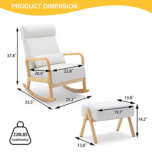 HOMREST Glider Chair with Ottoman,High Backrest for Nursery, Upholstered Fabric Indoor Rocking Armchair with Lumbar Pillow for Living Baby Room(White)