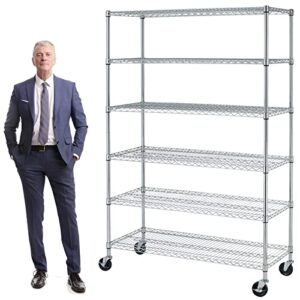 storage rack with wheels, nsf certification shelving unit heavy duty 6000 lb capacity 6 tier metal shelf on casters 48" l×18" w×78" h for restaurant garage pantry kitchen movable wire rack, chrome