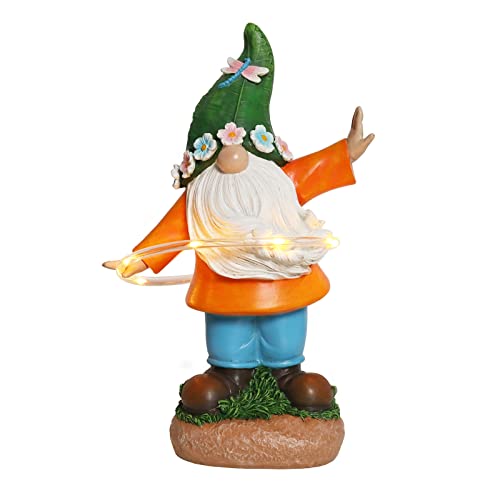 Ovewios Garden Gnome Outdoor Statue, Funny Gnomes Garden Sculptures & Statues Playing Hula Hoop with Solar LED Light Resin Yard Ornament for Outdoor Garden Lawn Patio Decor, Housewarming Gifts